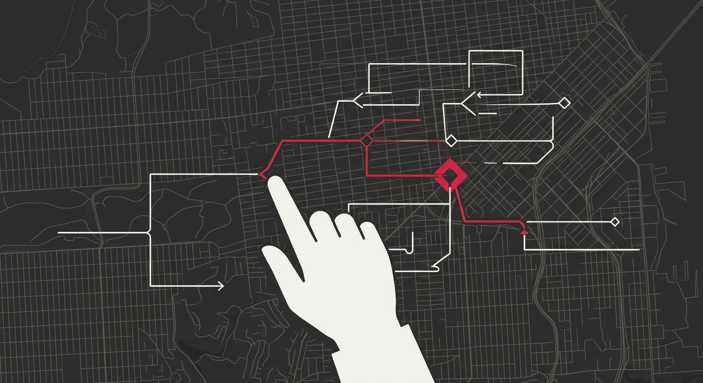 A branching technical schematic spread over a city map, a hand tracing and selecting the correct route among the forks.