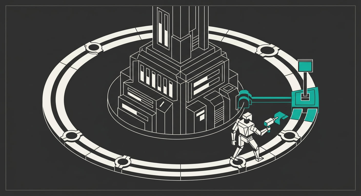 A caretaker machine walking a circular maintenance track around a machine core, applying a patch at the active checkpoint while vital-sign gauges read steady.