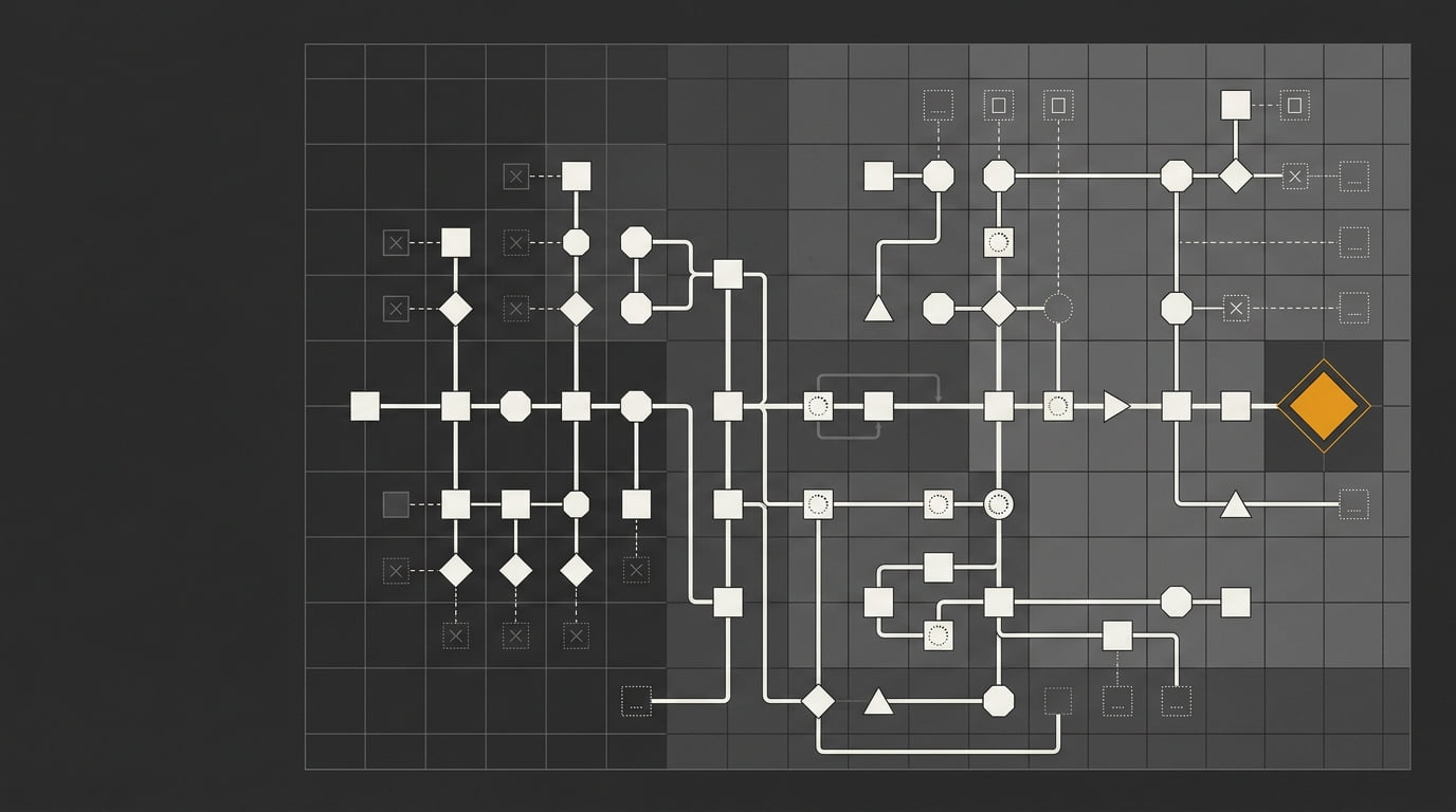 A complete user journey mapped as connected nodes across a blueprint grid, with every branch drawn including error states, empty states, and loading pauses.