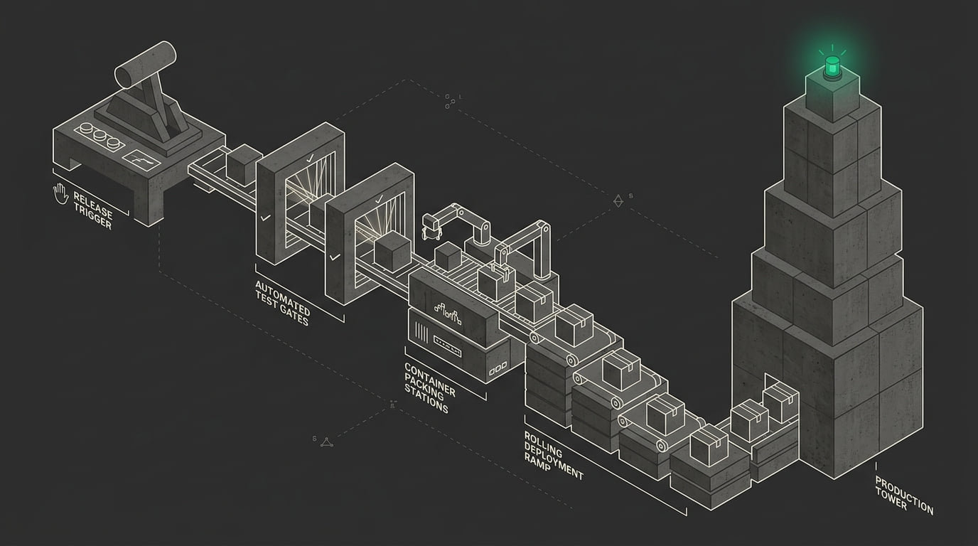 A release traveling from a push lever through automated test gates, container packing stations, and a rolling deployment ramp into a production tower with a status beacon.