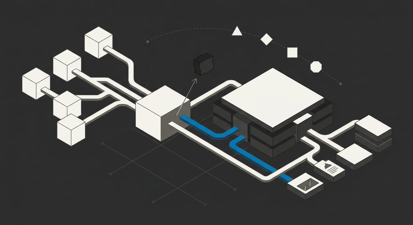 Event streams flowing from app nodes through a schema validation gate into a central measurement hub and onward to reporting channels, one corrupted event bounced at the gate.