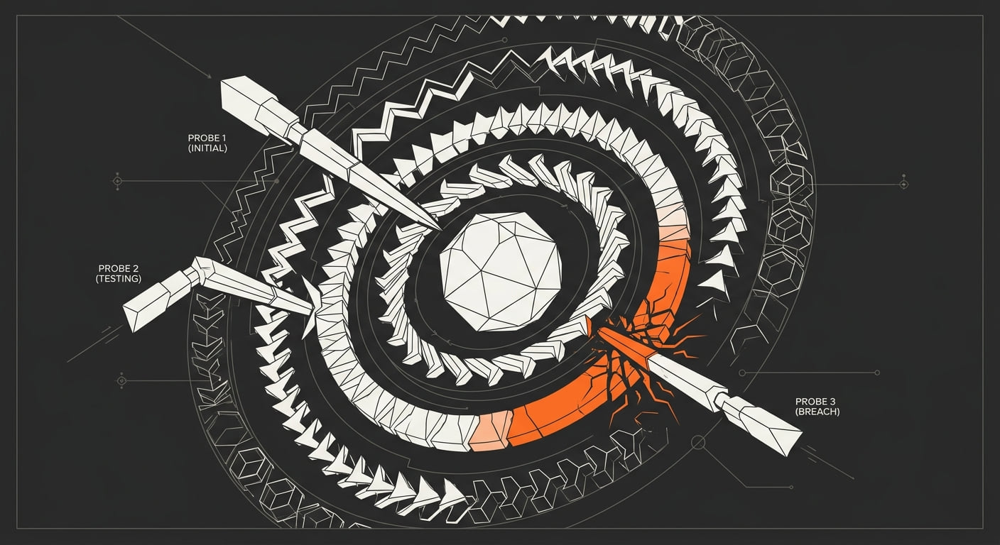 Concentric defense rings guarding a central data core while an attacker probe tests each ring and exposes one weak segment.
