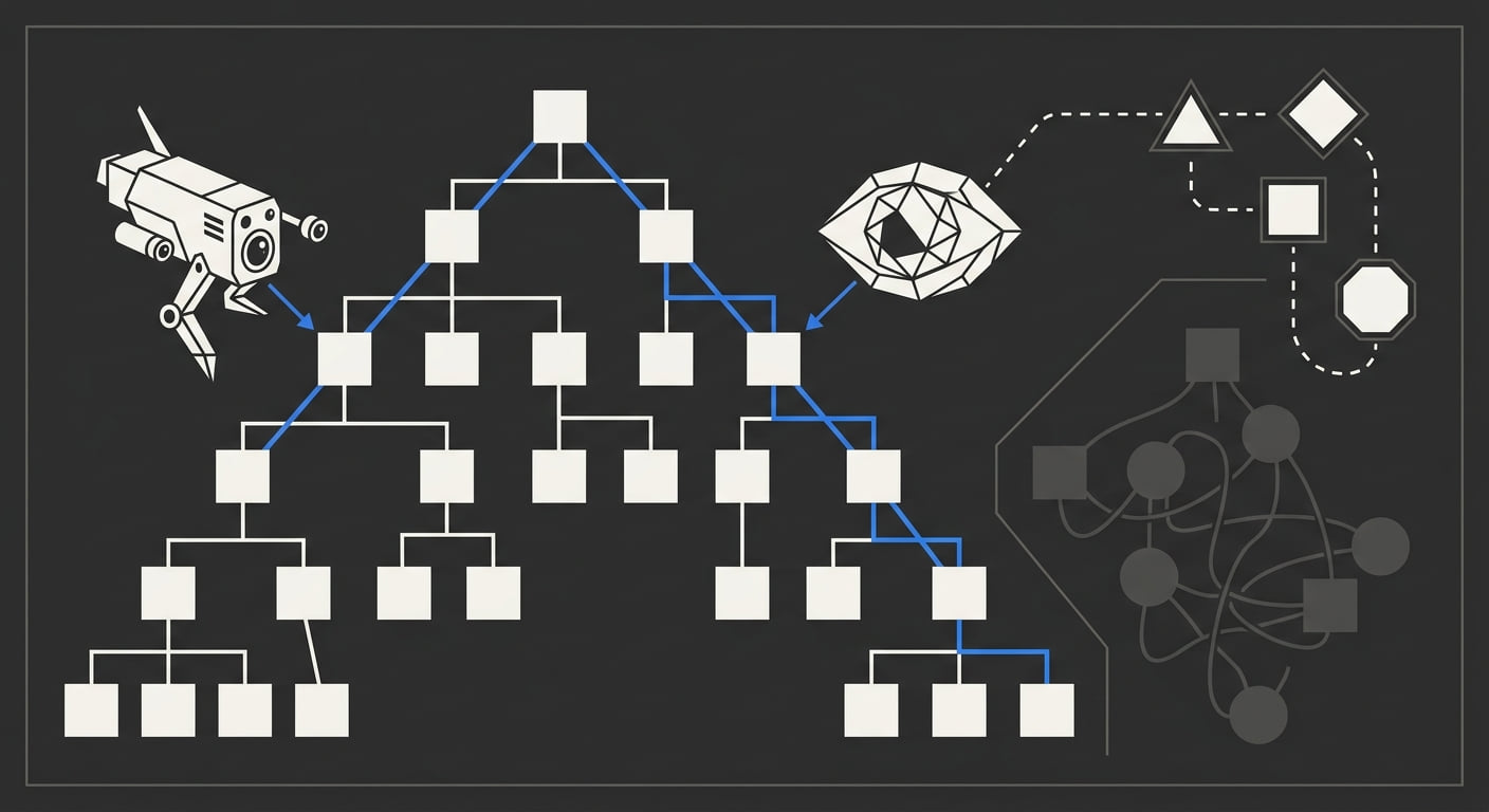 A website drawn as a sitemap tree read simultaneously by a crawler probe and a language model eye, both following parseable paths through the clean structure while duplicate branches sit pruned aside.