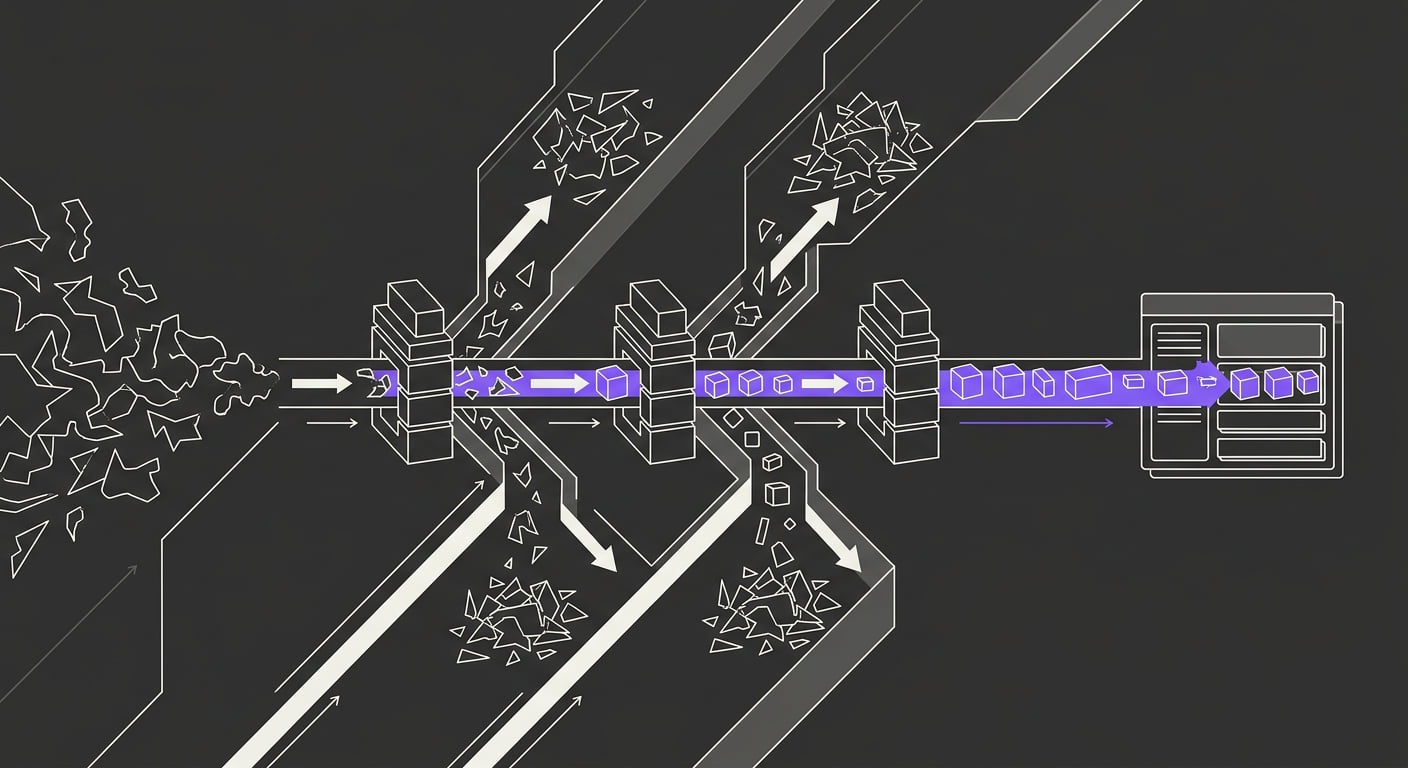 Raw model output streaming through staged validation gates where only structured blocks pass into a product interface while rejected fragments are deflected aside.