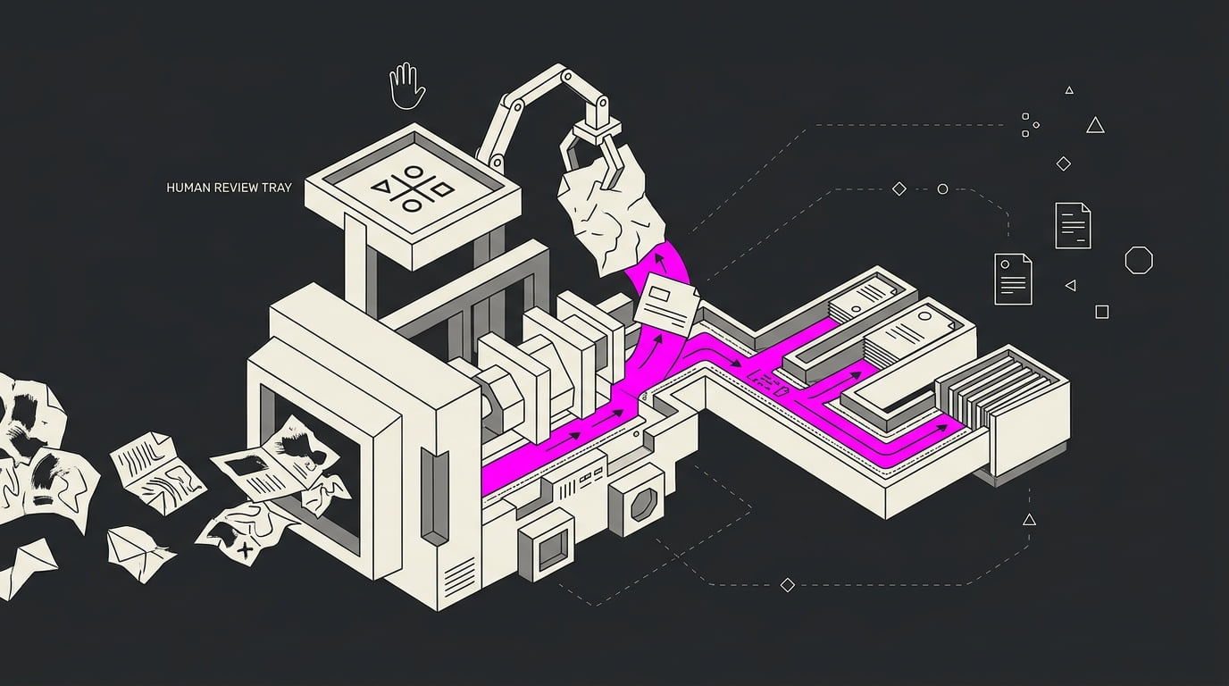 A worker agent machine reading messy documents and sorting them into clean routed output channels, lifting one uncertain piece onto a separate human review tray.
