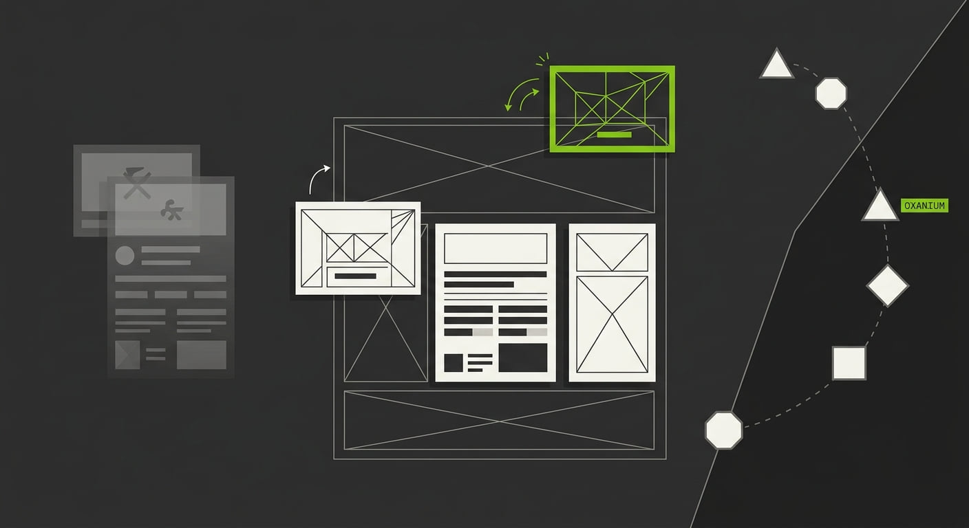 A modular template structure stripped to its skeleton and rebuilt with branded panels locking into place, faded placeholder blocks removed to the side.
