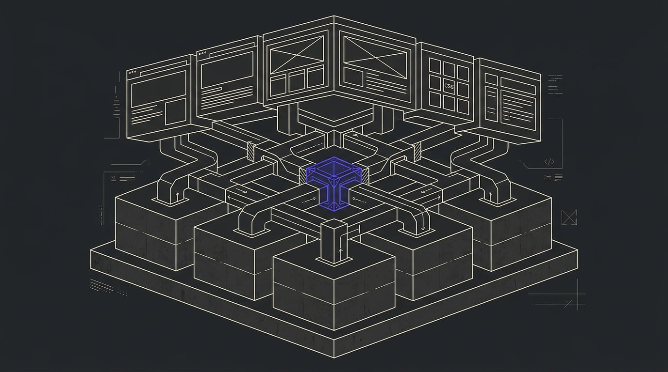 Isometric diagram of a software system engineered as one load-bearing structure: database blocks at the base, API conduits crossing the middle tier, and interface panels assembled on top of a single foundation slab.