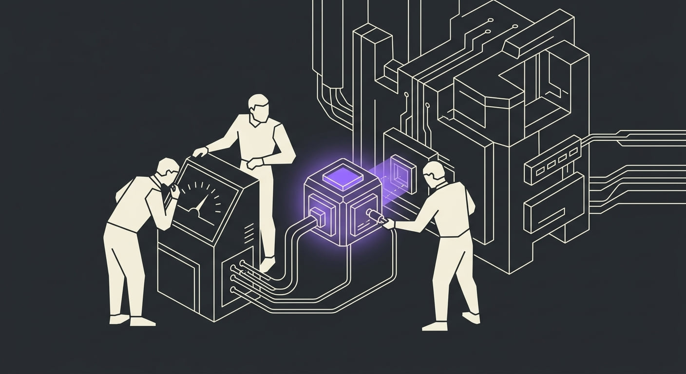 Team members wiring an AI engine module into their existing product console, one checking a stability gauge before connecting the final lead.