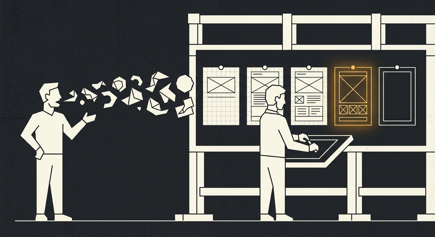 A founder speaking abstract thought shapes toward a designer translating them into ordered wireframe panels pinned to a drafting wall, one panel left empty as an error state.