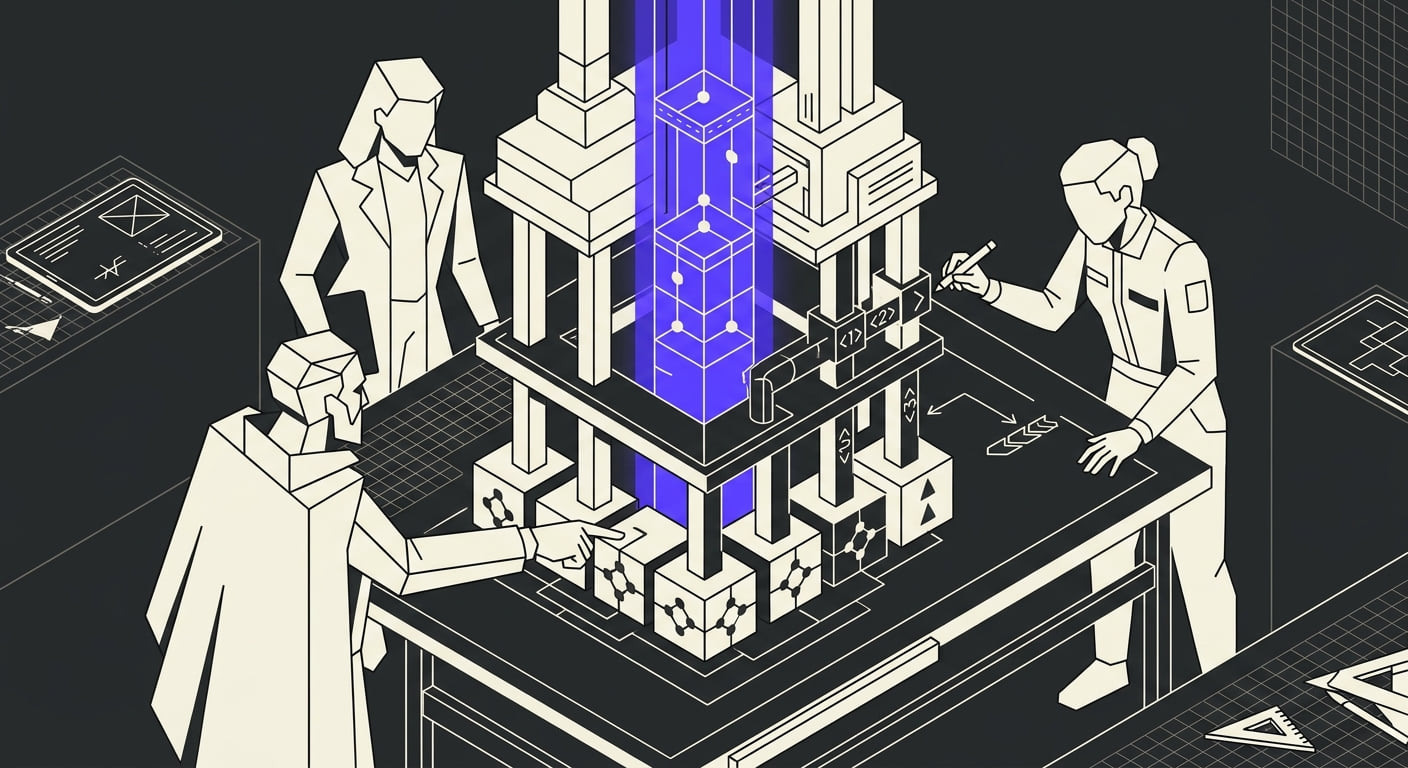 Stylized founders and engineers gathered around a drafting table reviewing a software structure built like load-bearing architecture, one founder pointing at the data layer while an engineer marks the build sequence.