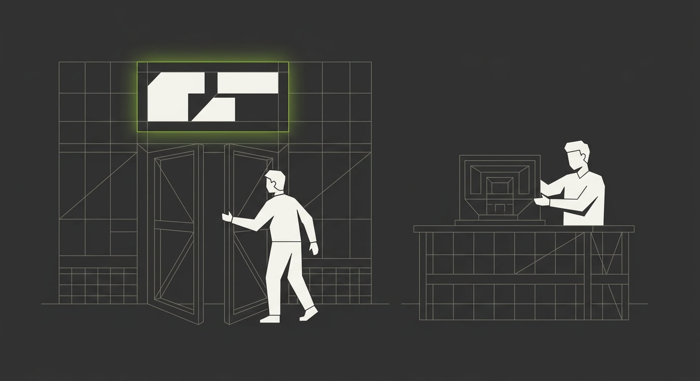 A small business owner opening the doors of a freshly assembled storefront beside a founder validating a prototype on the counter, both structures built from the same modular grid.