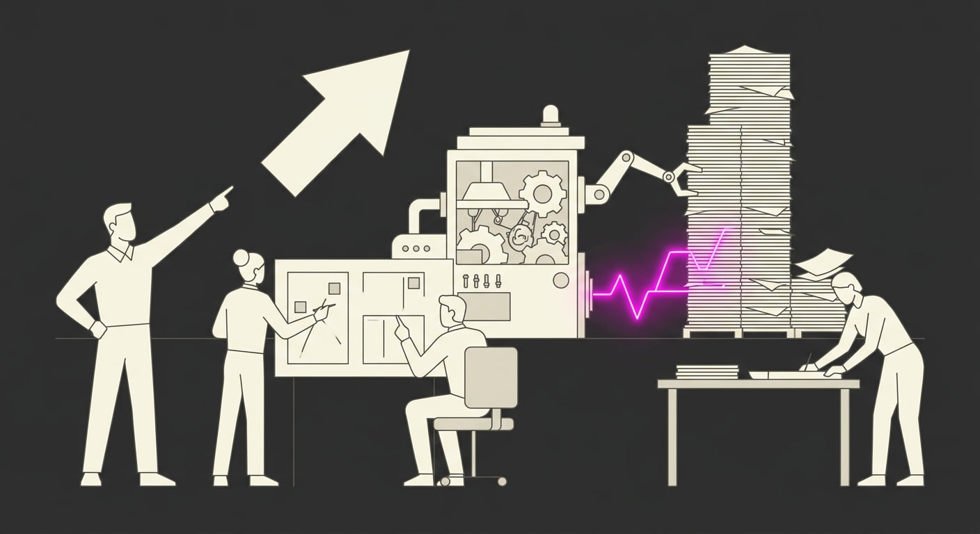 Operations team members working at strategy boards while an automated agent machine handles their former tower of repetitive paperwork in the background.