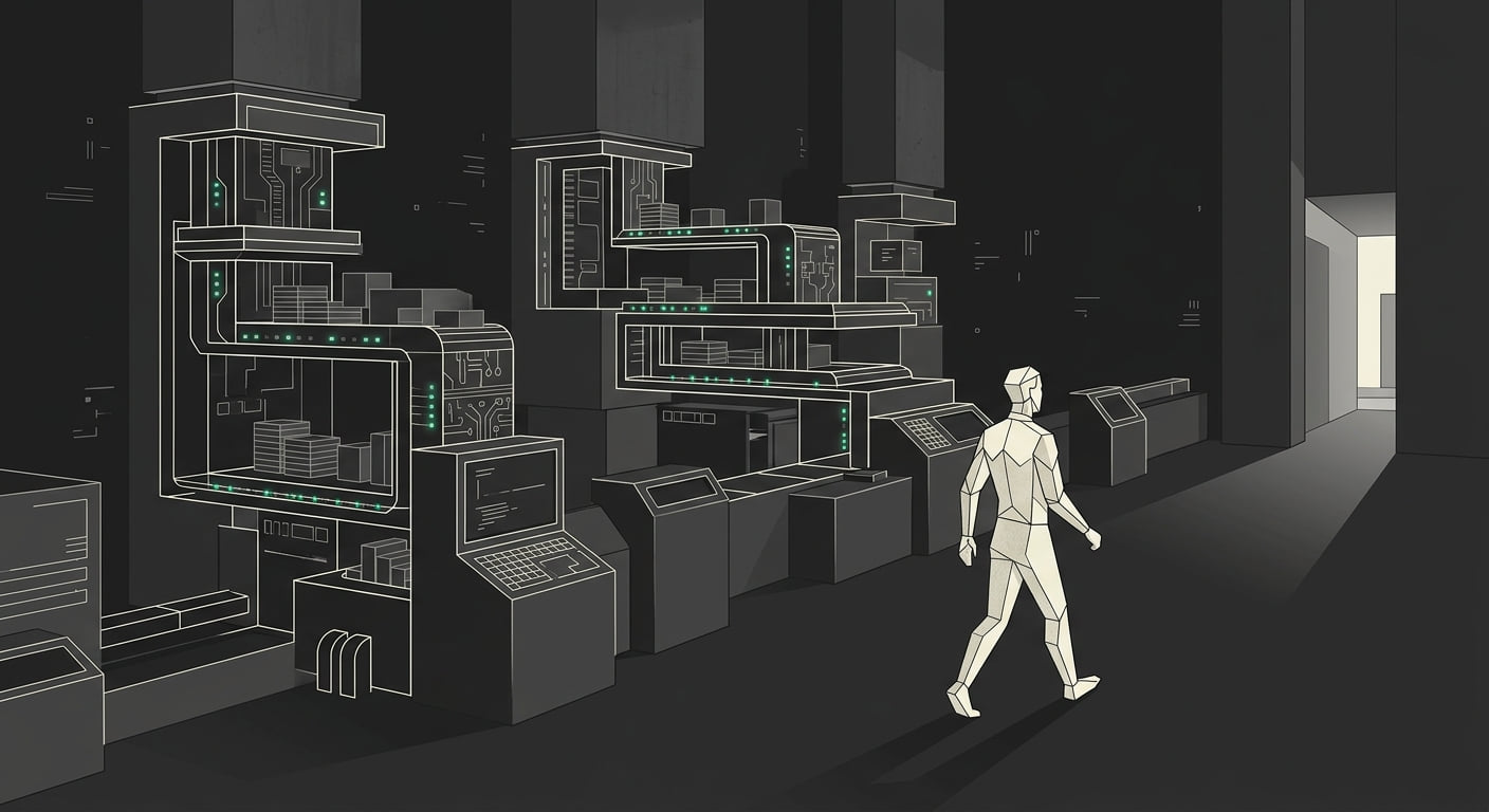 A relaxed founder walking away from a self-operating deployment control room where automated pipelines run unattended under steady indicator lights.