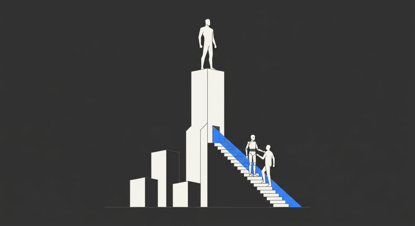 A brand figure standing tall on an engineered foundation pillar above rival monoliths while an assistant automaton guides a buyer up the lit stairway toward the brand.