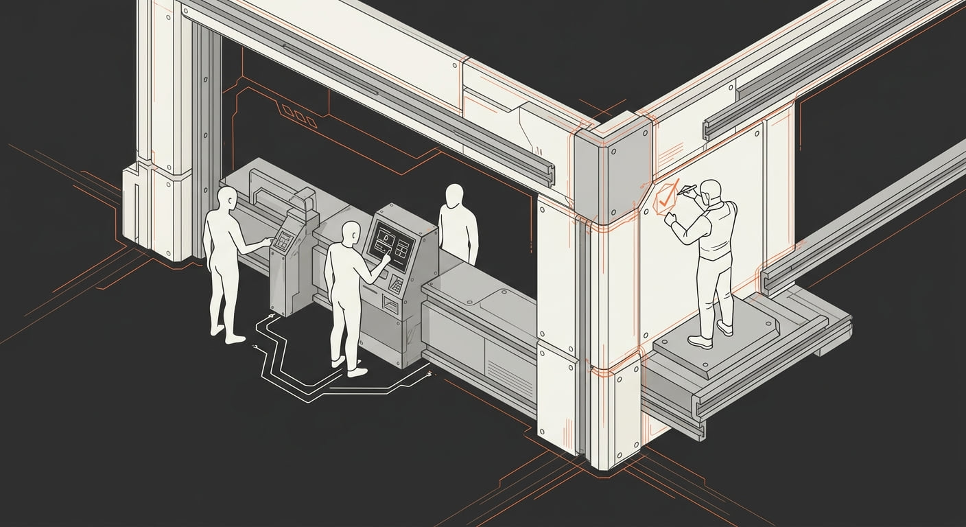 Customers completing payment flows through a fortified storefront with freshly inspected armor plates, an inspector marking a checked seal.