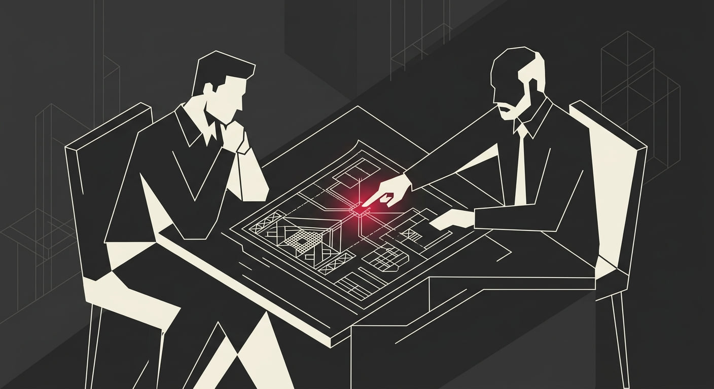 A non-technical founder seated across a table from a senior advisor explaining an architectural blueprint between them, the advisor pointing at one junction.
