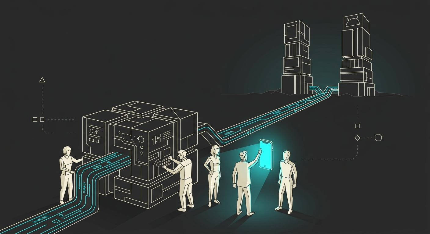 A startup team gathered around a single codebase block feeding one conduit toward two app store towers in the distance, the founder holding up a smartphone.