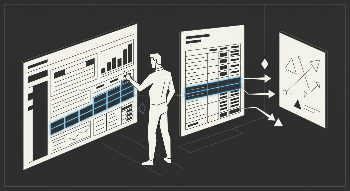 A founder cross-checking a dashboard panel against a ledger panel whose values finally match, decision arrows flowing toward growth moves sketched on a strategy board.