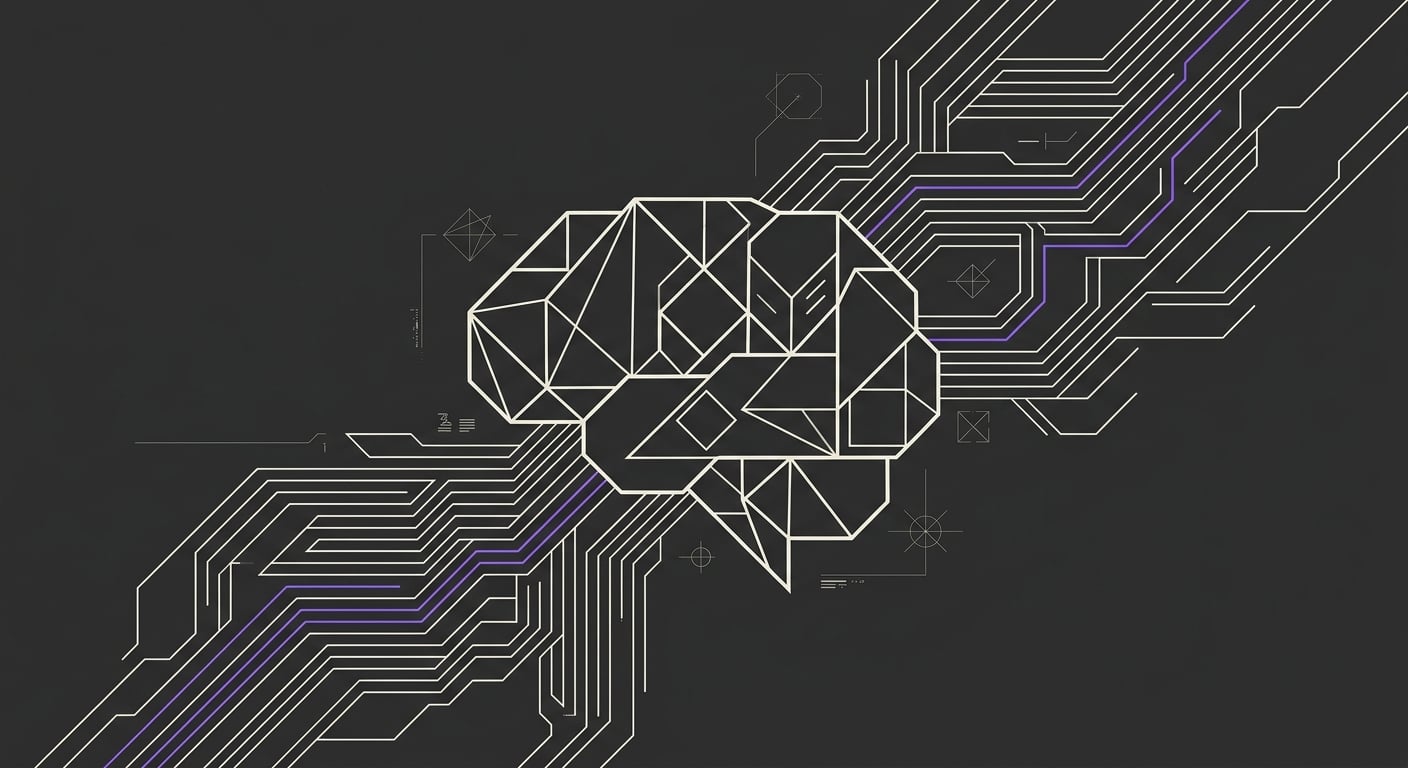 Faceted geometric brain rendered in ivory line work on deep charcoal, circuit pathways streaming into it from both sides with vivid purple accent traces