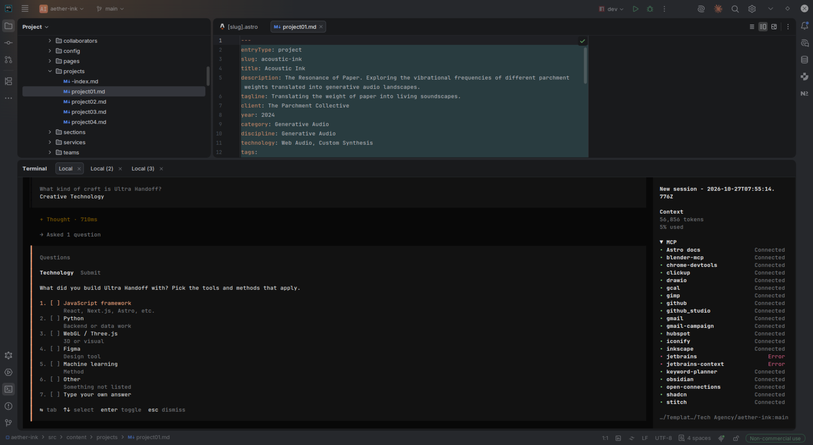 The new-project command asking which technologies the project used, with a numbered list of options in the terminal