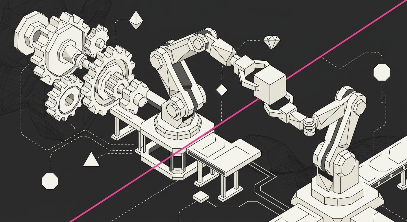 Isometric illustration of a robotic arm feeding geometric parts through an automated assembly line of gears and stations, drawn in ivory line work on deep charcoal with a neon magenta accent beam crossing the scene