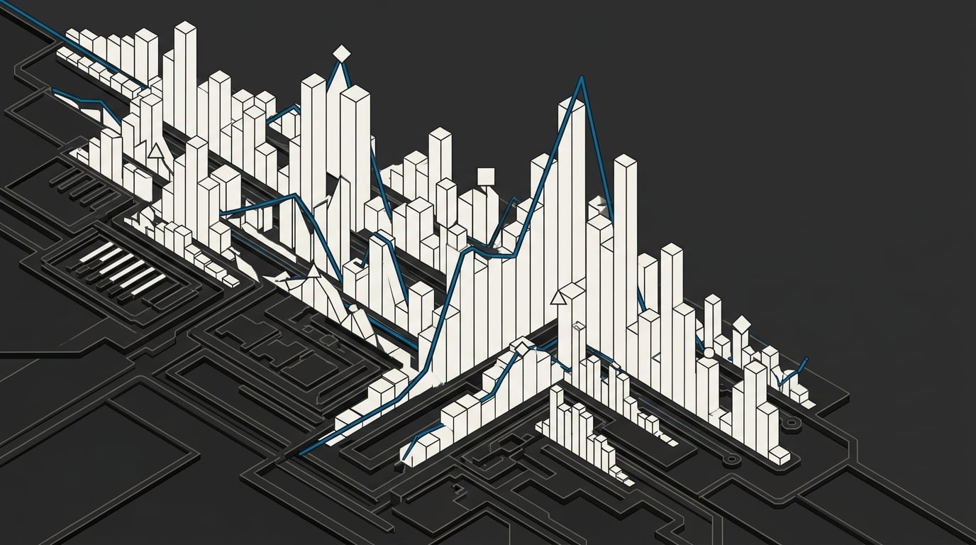 Isometric skyline of bar chart columns rising from a circuit board terrain with deep azure trend lines weaving through it, drawn in ivory line work on deep charcoal