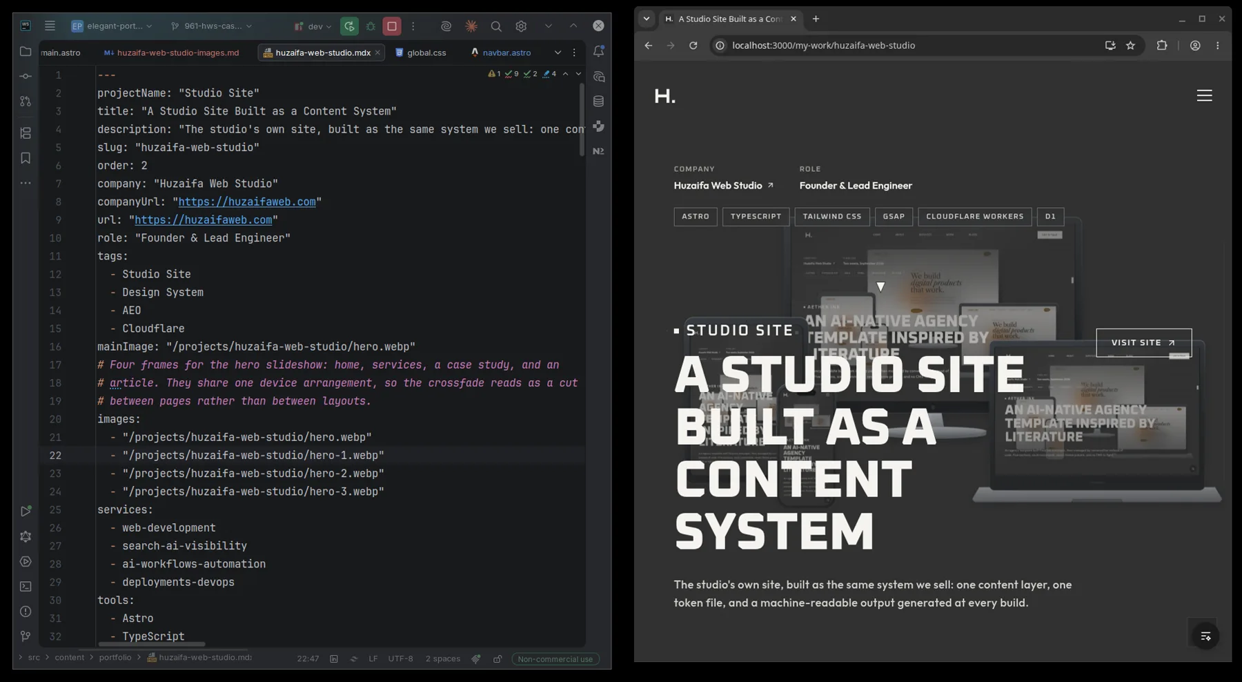 The case study frontmatter open in an editor beside the page it produces, with the same title and slug visible in both