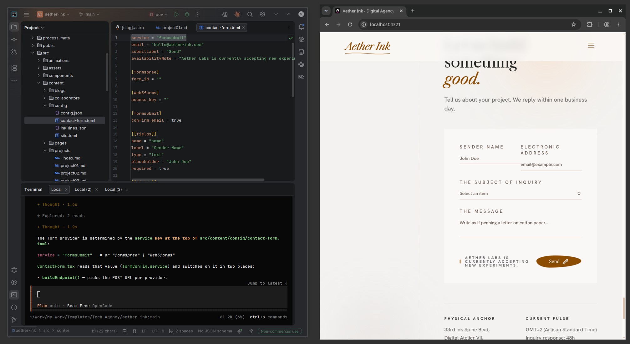 The contact form configuration file open beside the rendered contact form it drives