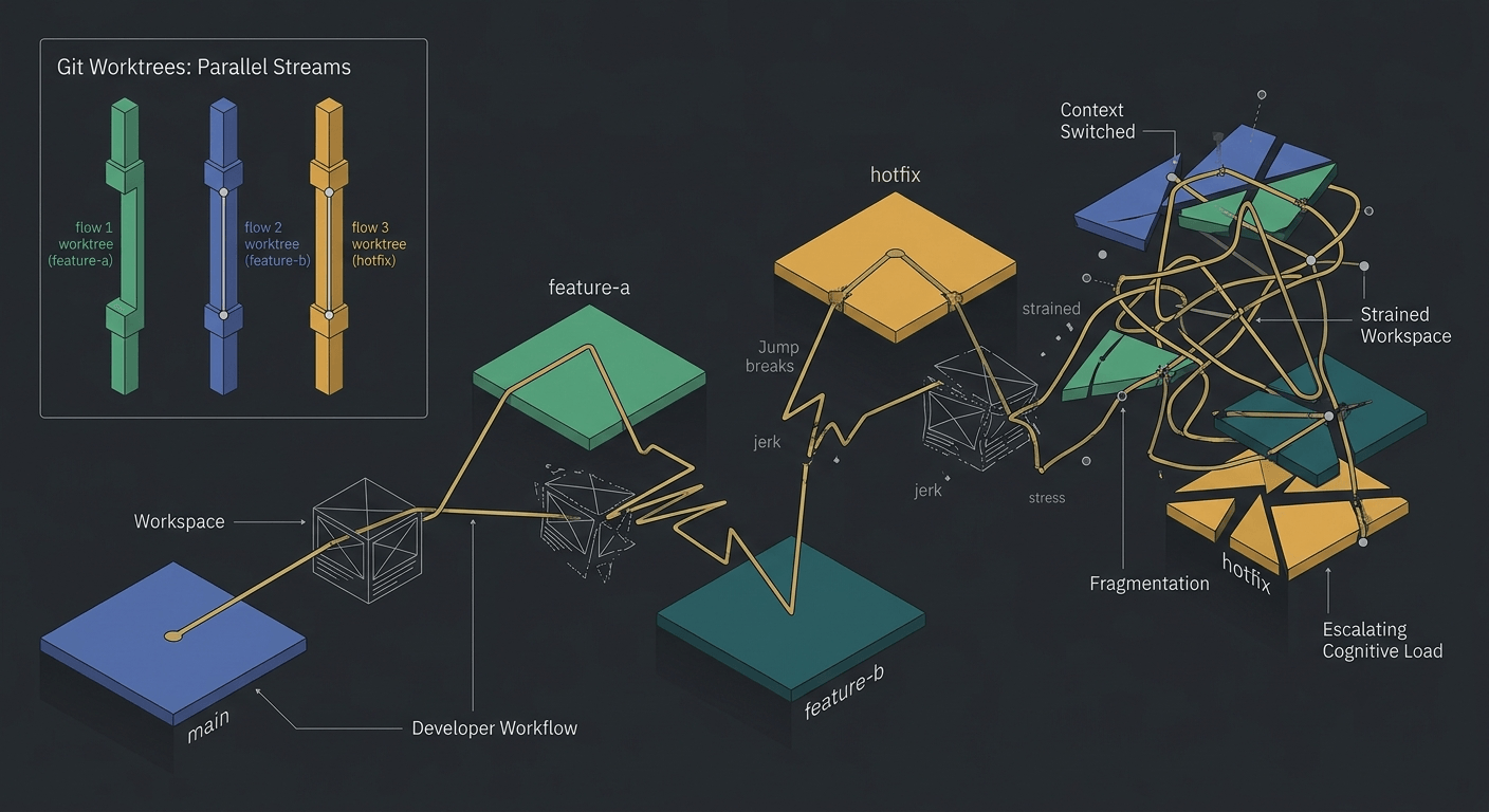 Context switching cost visualization showing how branching interrupts developer flow