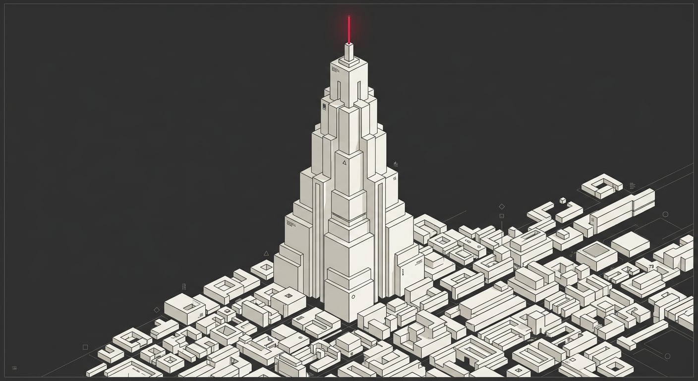 Towering geometric command structure rising over an isometric city grid of smaller blocks, drawn in ivory line work on deep charcoal with a crimson beacon at its peak