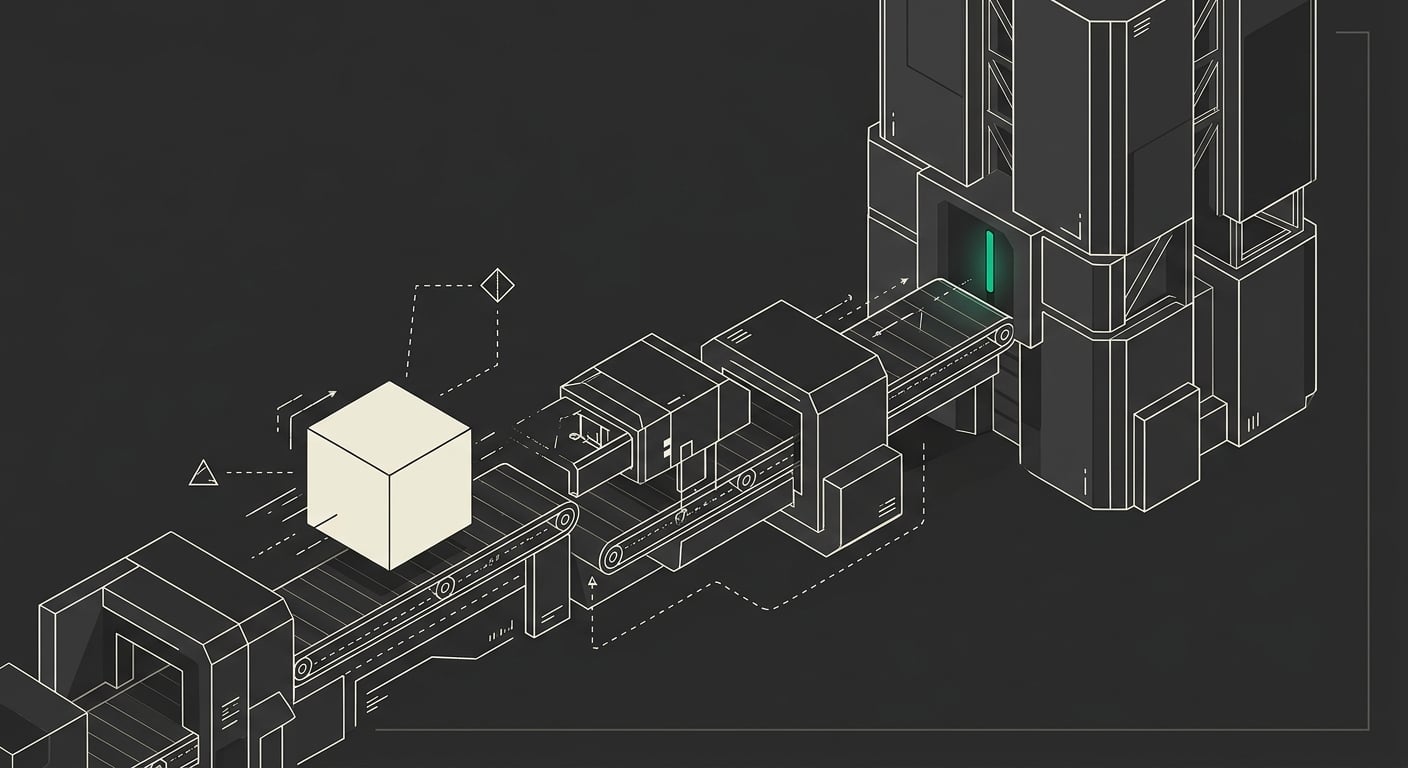 Isometric illustration of a deployment pipeline carrying a cube along conveyor stages toward a production tower with a terminal emerald status light, drawn in ivory line work on deep charcoal