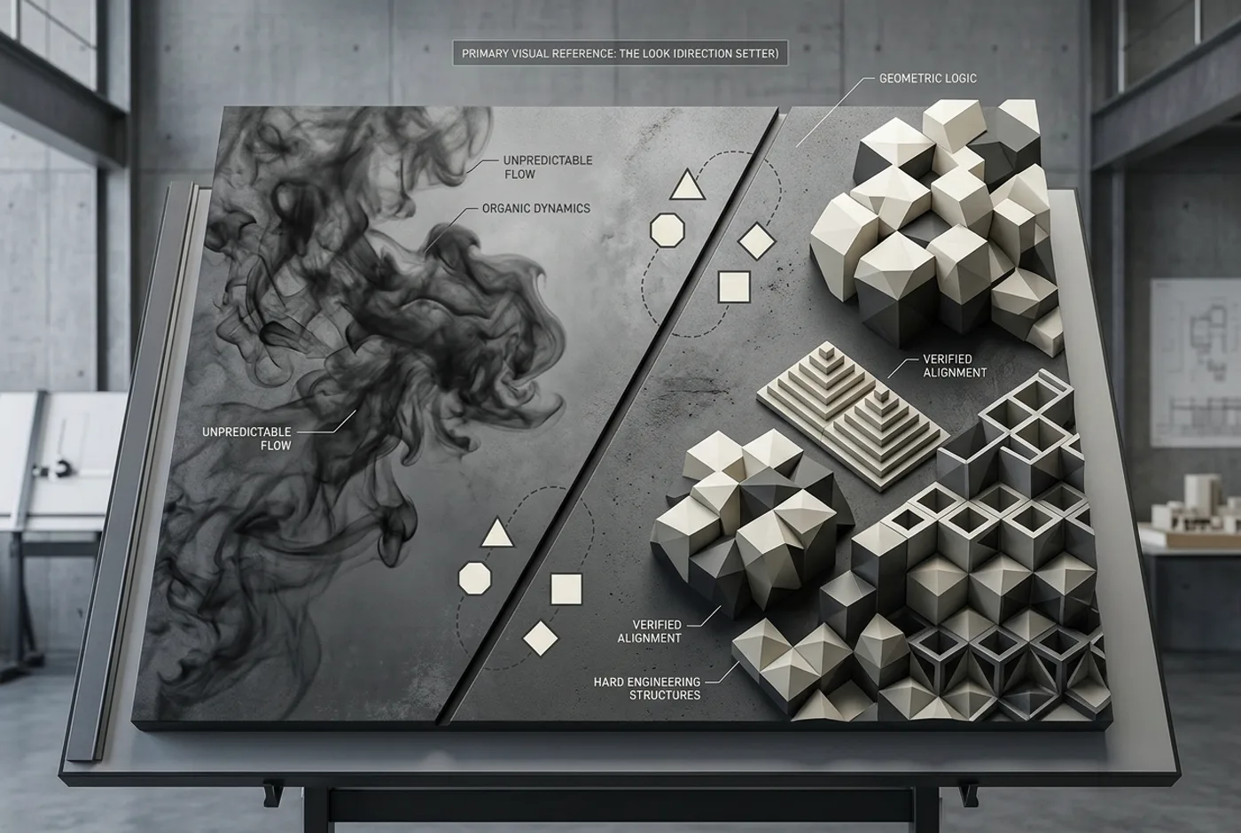 A charcoal concept board split by a diagonal, smoke drifting across the left side and faceted geometric blocks on the right