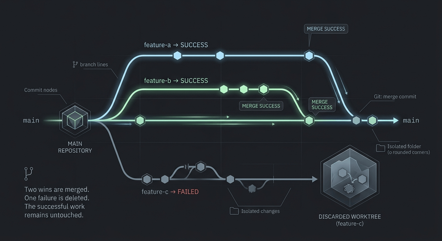Diagram showing two successful features being merged while one botched feature is discarded