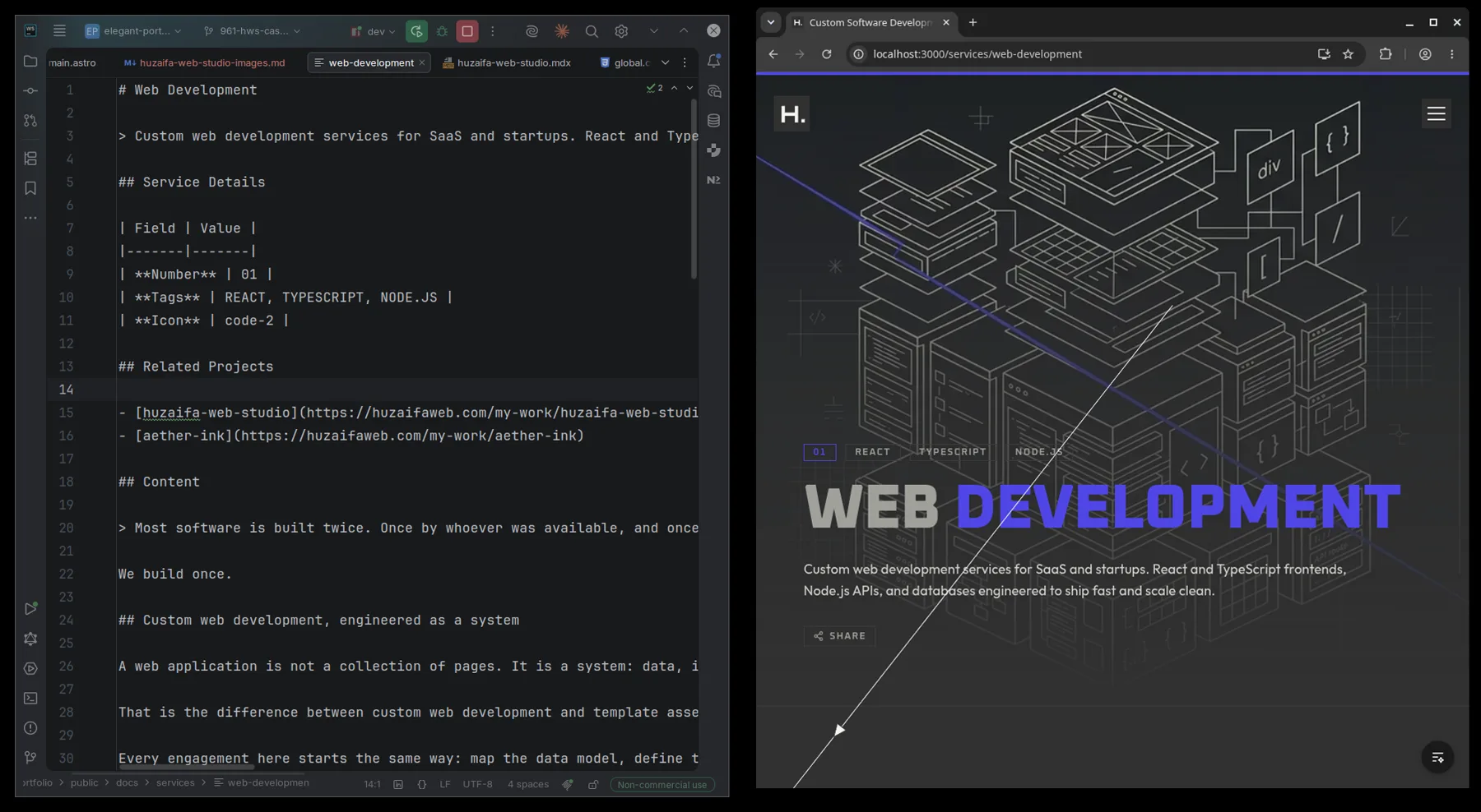 The generated markdown reviewer for the web development service open beside that service page in the browser
