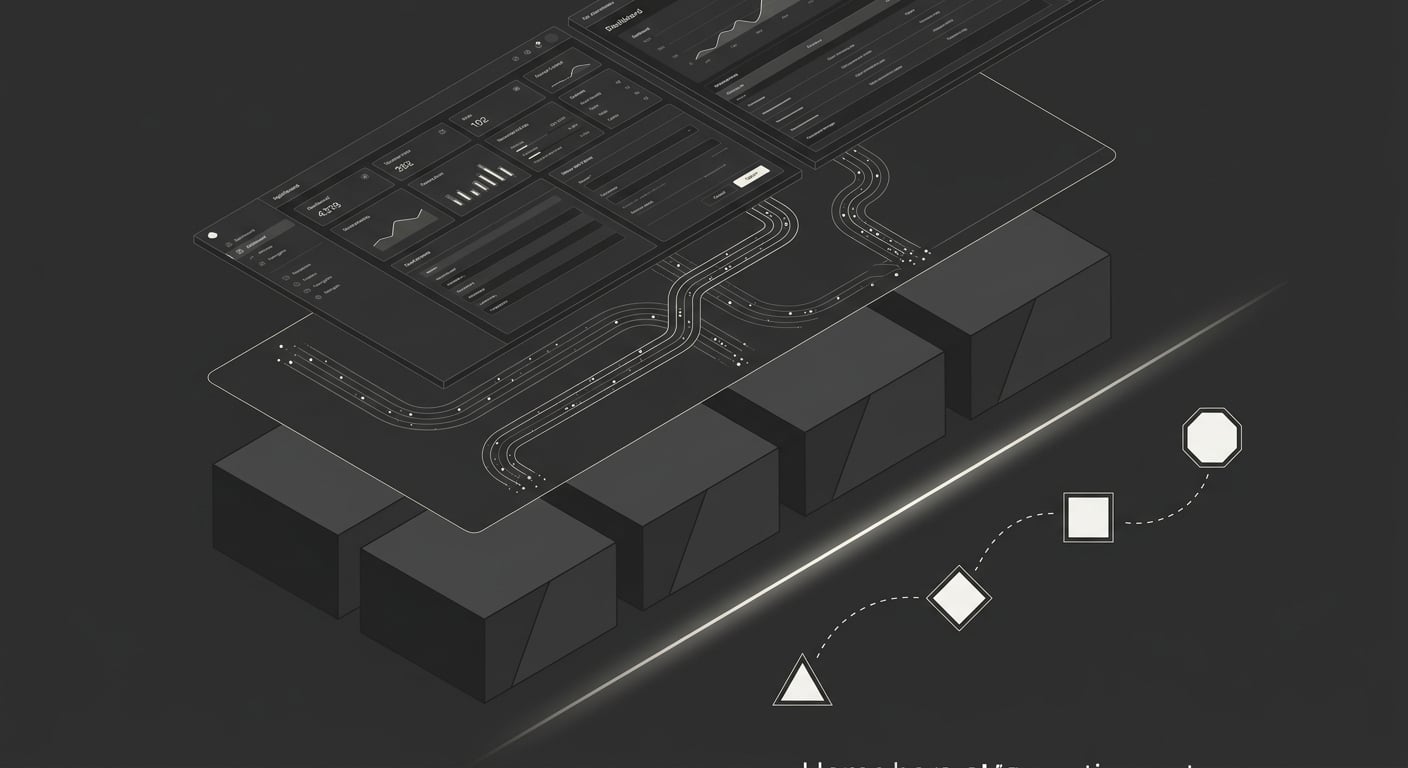 Isometric blueprint of an engineered software system, drawn in ivory line work on charcoal by Huzaifa Web Studio
