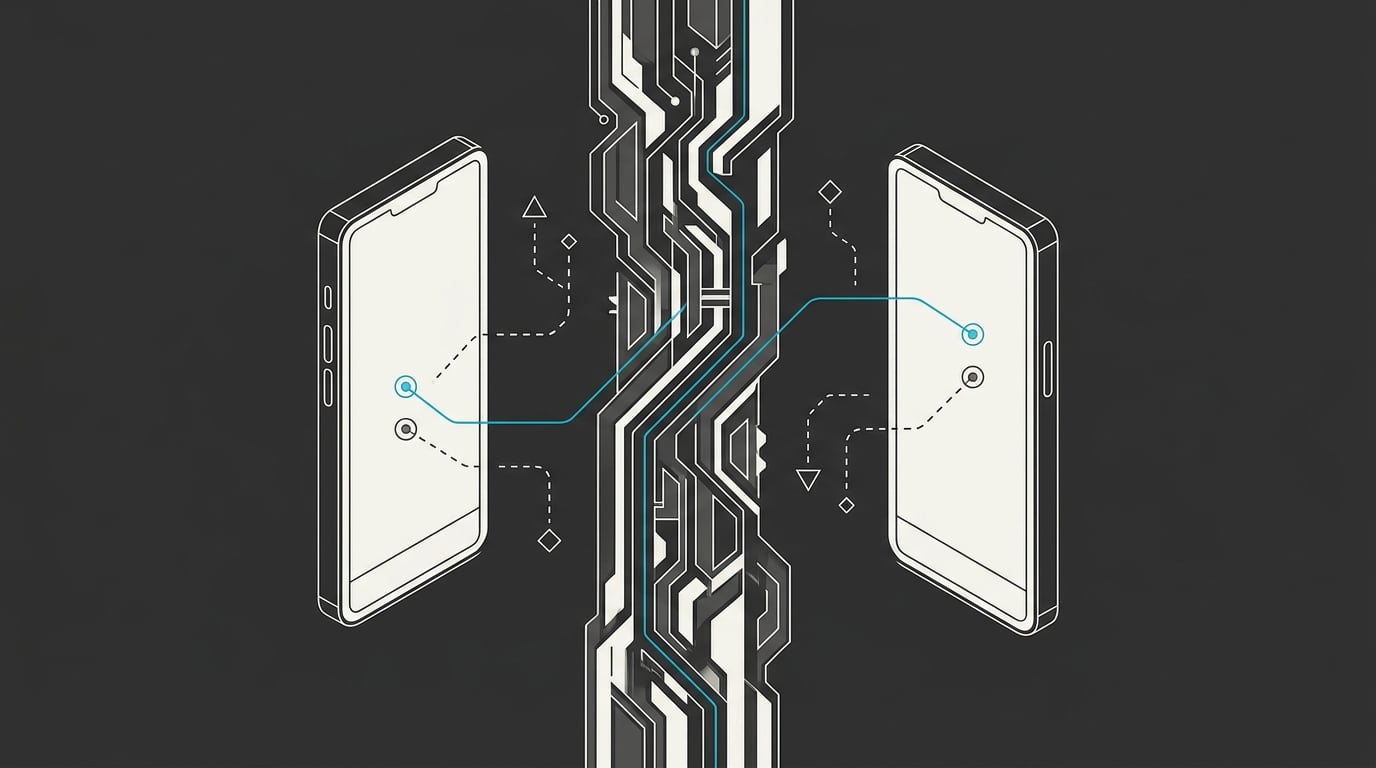 Two smartphone silhouettes flanking a central vertical circuit spine connecting them, drawn in ivory line work on deep charcoal with cyan accent lines linking matching nodes