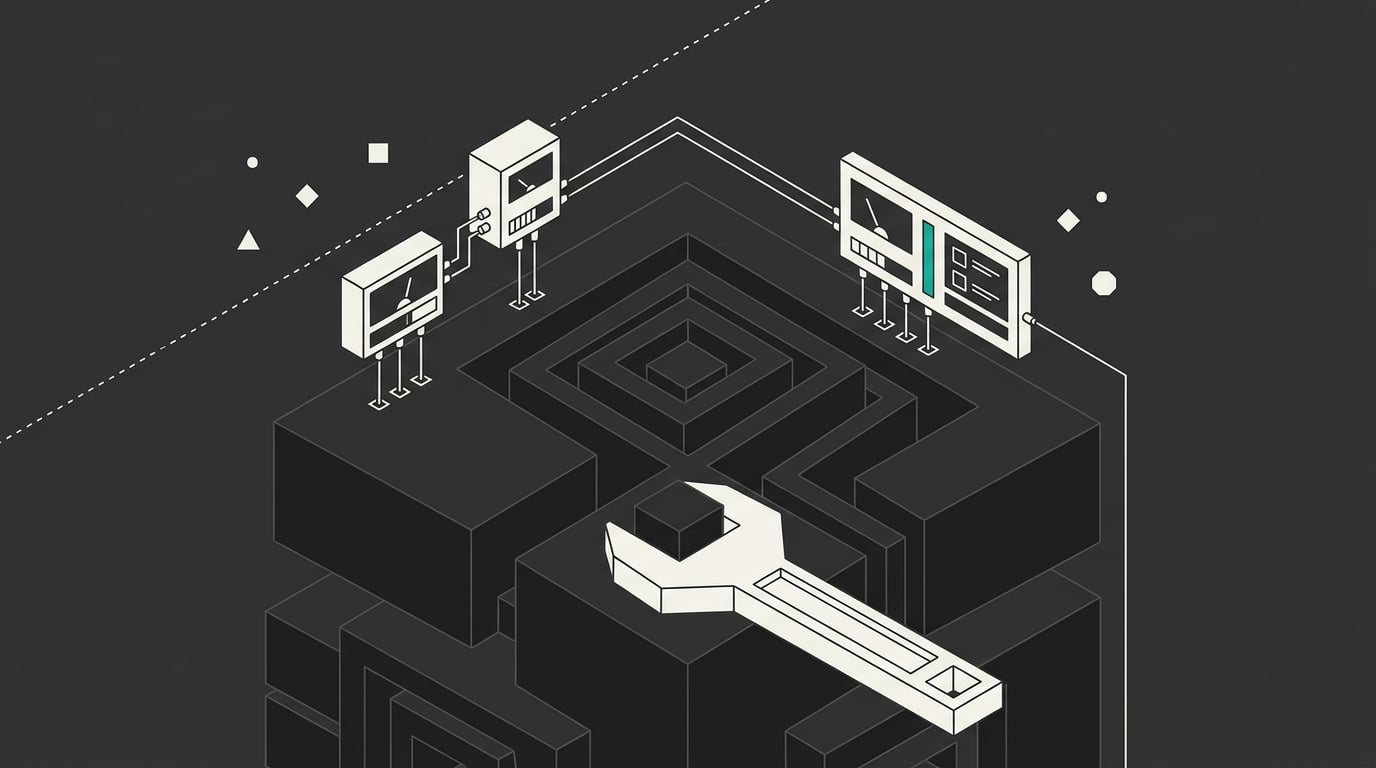 Isometric illustration of an oversized wrench servicing a stepped geometric machine structure surrounded by instrument panels, drawn in ivory line work on deep charcoal with a teal accent indicator