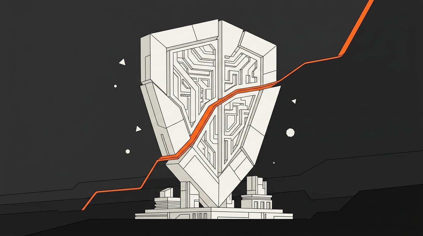 Monolithic geometric shield etched with circuit patterns rising above small server blocks, drawn in ivory line work on deep charcoal crossed by an alert coral seam