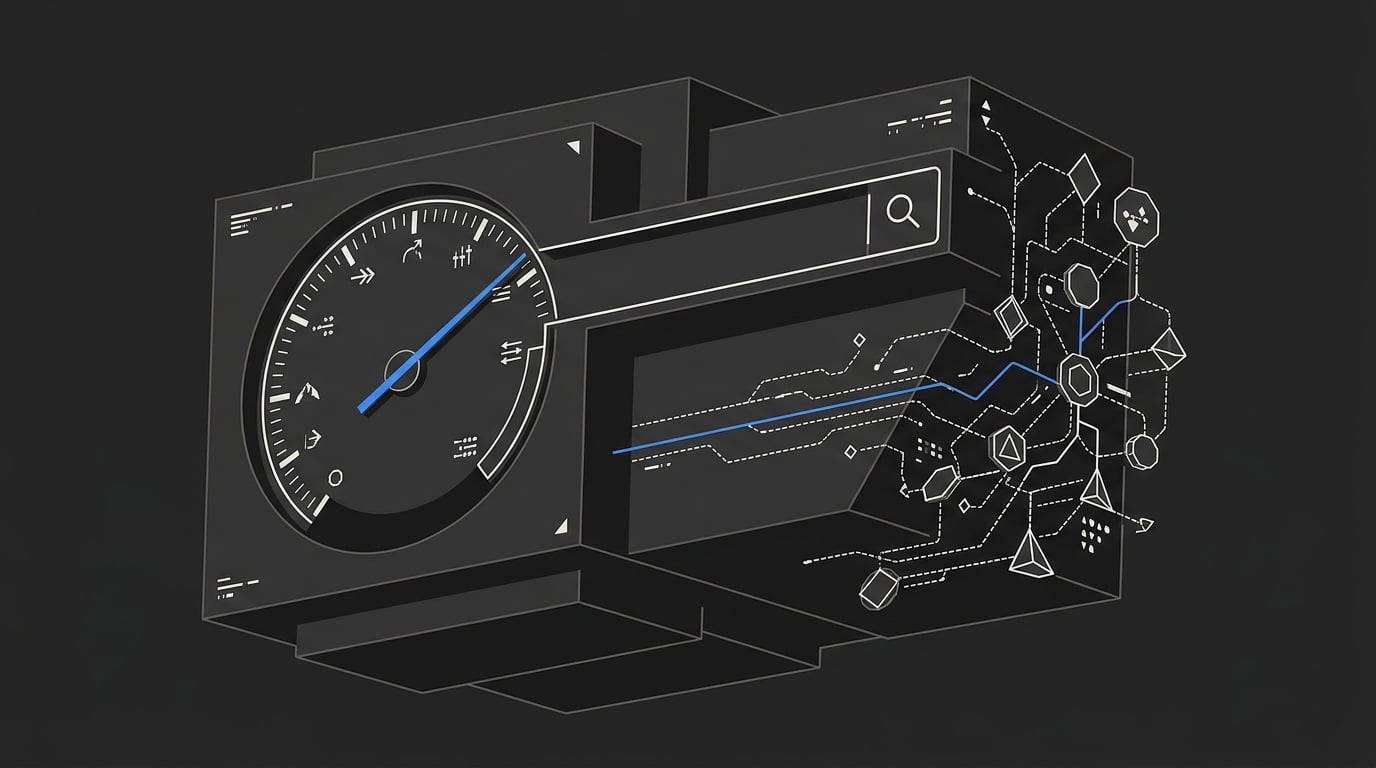 Speedometer gauge merged with a search bar in geometric monolith form, its signal blue needle pointing across connected circuit nodes, drawn in ivory line work on deep charcoal