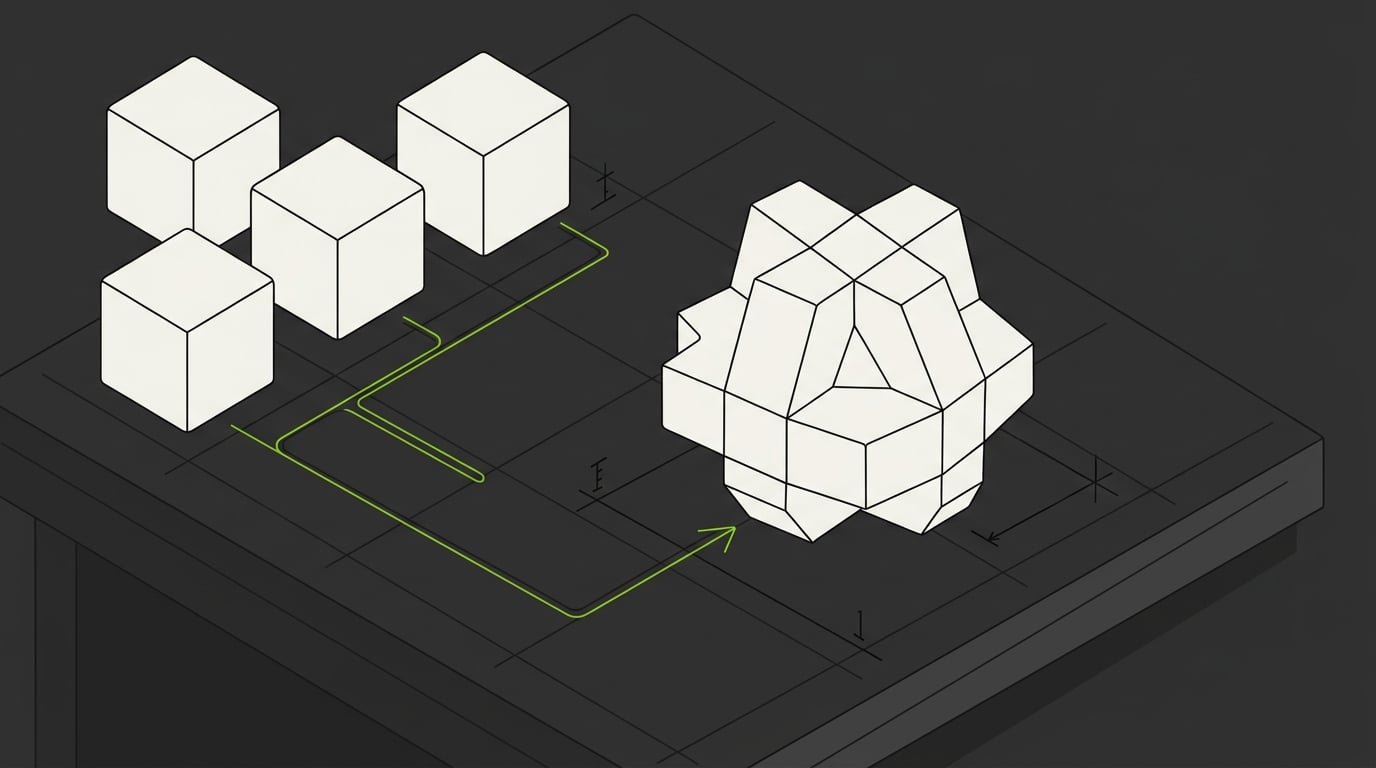 Identical cubes on a drafting grid being transformed along a lime path arrow into one distinct faceted structure, drawn in ivory line work on deep charcoal
