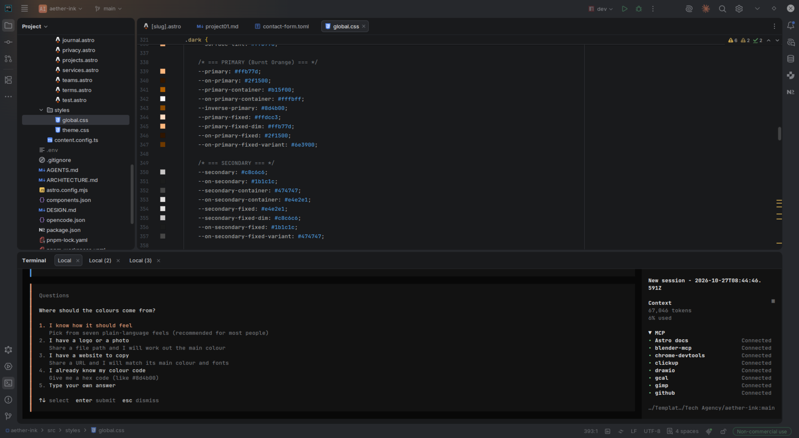 The theme command asking where the colours should come from, offering a described feel, a logo, a reference site, a hex code, or a custom answer