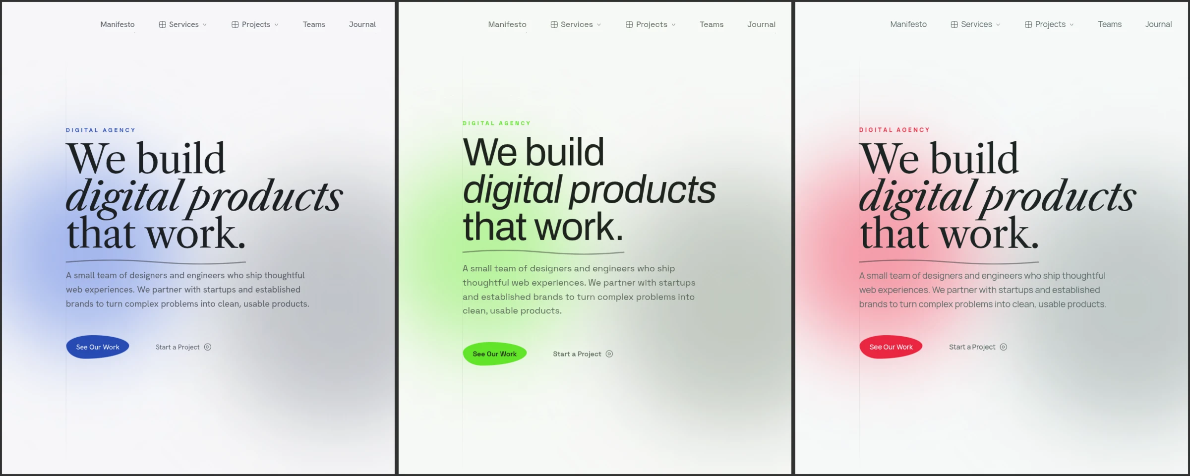 The same home page shown three times, in blue, green, and red palettes