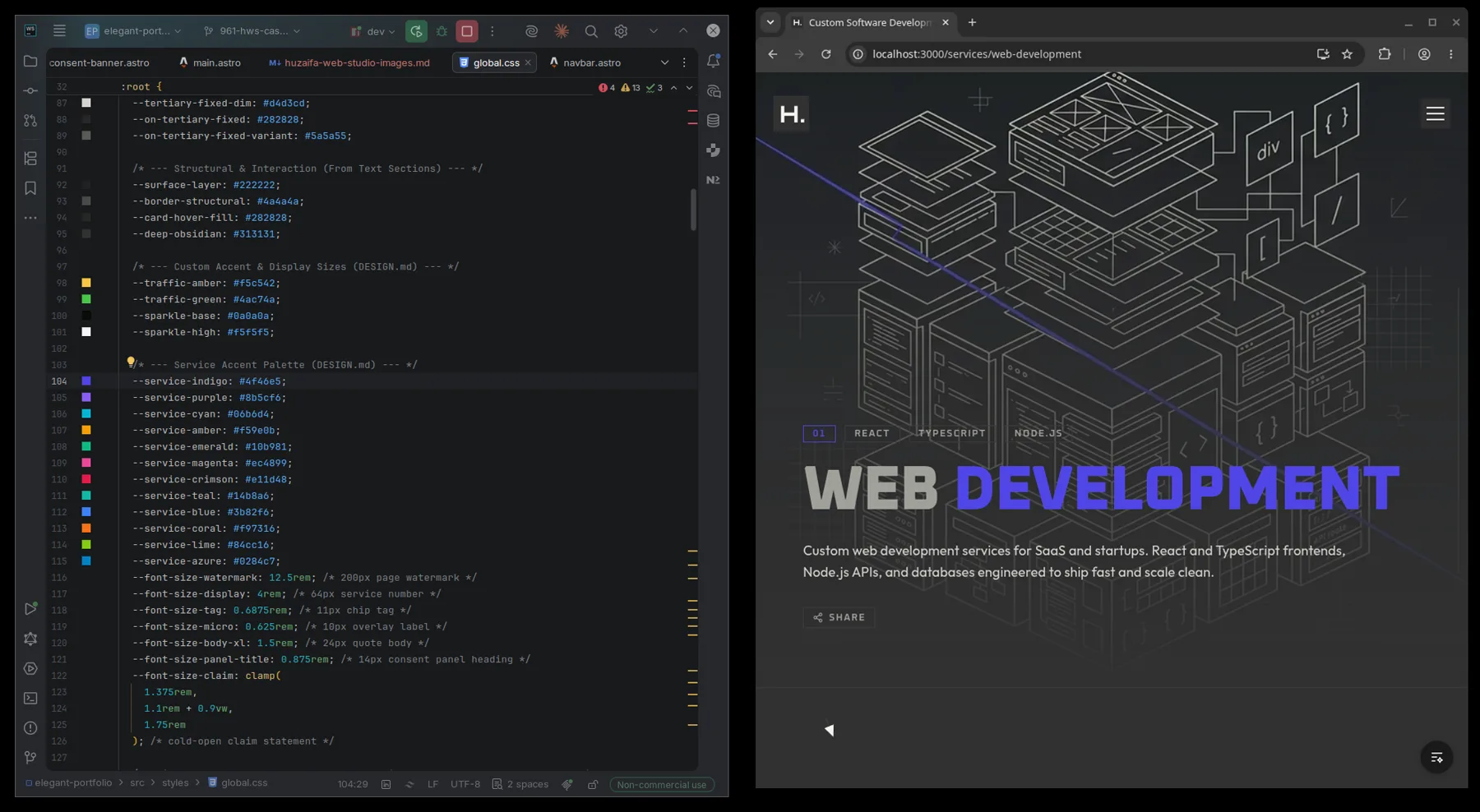 The global stylesheet open in an editor beside the web development service page, with the indigo accent token matching the indigo headline on the page