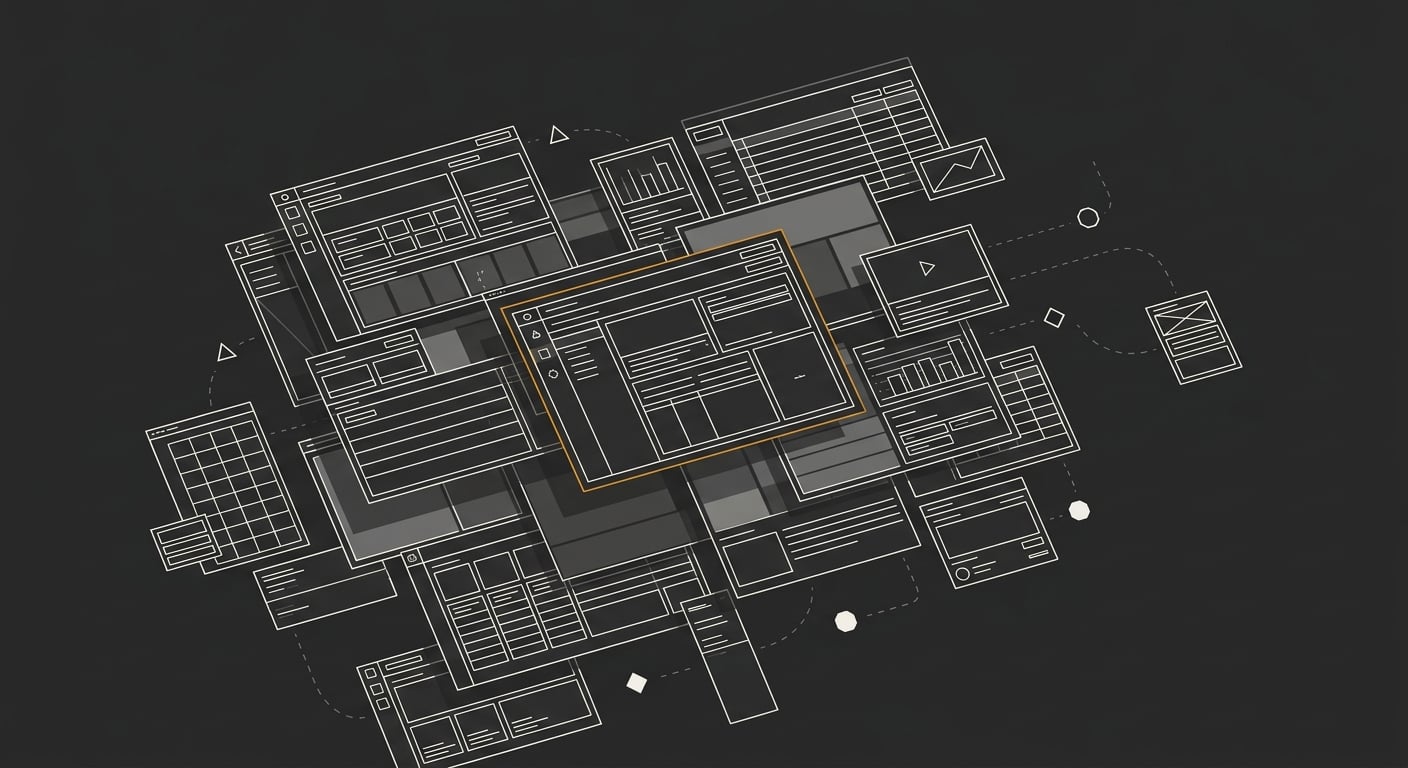 Overlapping wireframe interface screens scattered across a diagonal composition in ivory line work on deep charcoal, with one central screen outlined in warm amber