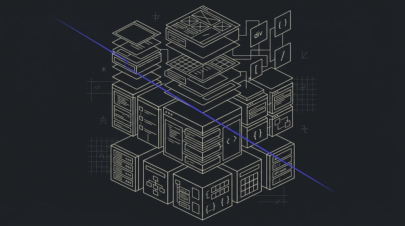 Isometric wireframe illustration of an exploded full-stack architecture: layered interface panels above server modules and database blocks, drawn in ivory line work on deep charcoal with an electric indigo light beam cutting diagonally across