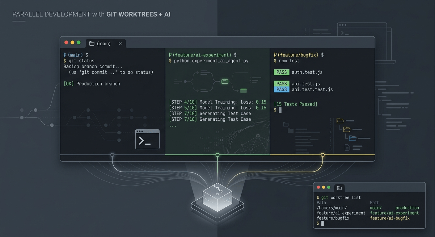 Git worktree terminal output showing three active worktrees running different AI agent experiments